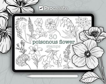 Procreate Poisonous Flower Stamp Set • 30 Pack • Fine Line Flower Illustration Stamps (Digital Download)