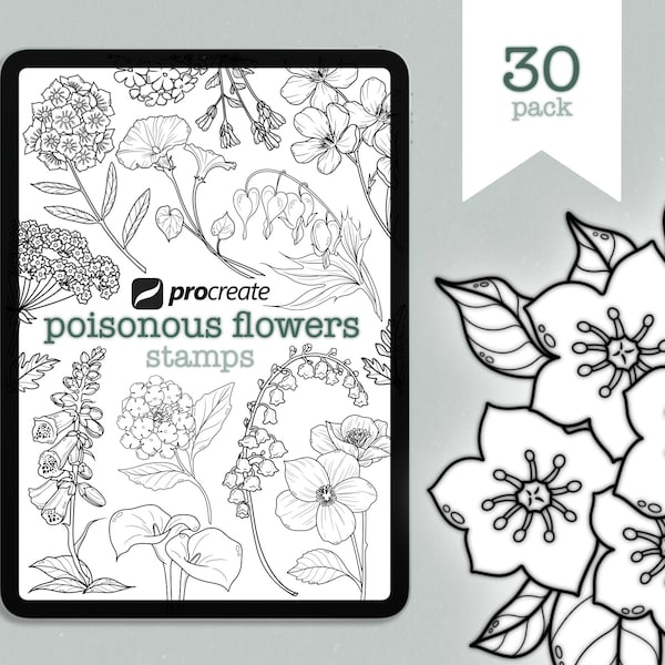 Procreate | 30 Poisonous Flower Stamp Set | Digital Download | Tattoo Stamps/Brushes | Flower | Tattoo | Fine line | Only for Procreate