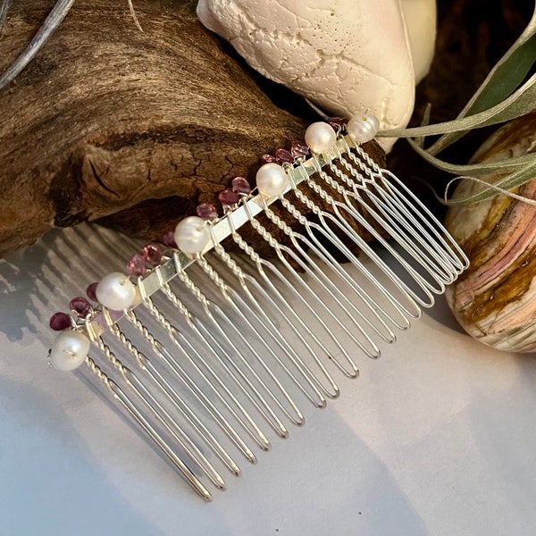 Pink garnet and pearl hair comb, hair comb wedding, bridal comb hairpiece, bridal comb simple, bridal comb pearl