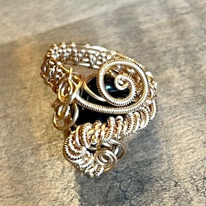 Wire wrapped ring, obsidian ring, gold ring with stone, gold and black ring, wire wrapped ring handmade, heady wire wrap