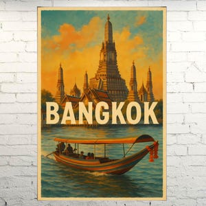 Bangkok Travel Poster | Retro Boat & Temple Sunset Wall Art | Vintage Style Thailand Print | Digital Download