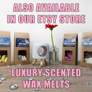 May include: Four brown paper bags with clear windows displaying wax melts in various scents, including Summer Breeze, Sanctuary, Flower in a Hailstorm, and Vanilla Sundae. The bags are on a wooden surface with clear glass stones scattered around. A white ceramic wax warmer with a candle inside is in the centre of the image. The text "ALSO AVAILABLE IN OUR ETSY STORE" is at the top of the image, and the text "LUXURY SCENTED WAX MELTS" is at the bottom of the image.