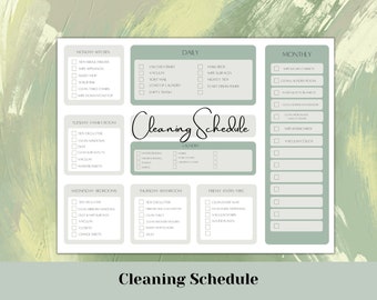May include: A printable cleaning schedule checklist with a green and white colour scheme. The checklist is divided into daily, weekly, and monthly tasks. The tasks include cleaning the kitchen, bathroom, bedrooms, family room, and hallway. The checklist also includes laundry tasks.