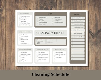 May include: A printable cleaning schedule checklist with a brown and white colour scheme. The checklist is divided into daily, weekly, and monthly tasks. The text "Cleaning Schedule" appears at the top and bottom of the page.