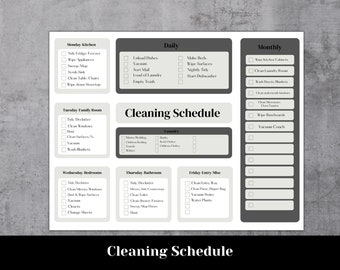 May include: A printable cleaning schedule checklist with a gray and white color scheme. The checklist is divided into daily, weekly, and monthly tasks. The tasks include making beds, wiping surfaces, cleaning the kitchen, and vacuuming.