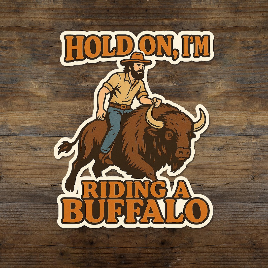 Funny Retro "hold on I'm Riding a Buffalo" Cowboy Sticker, Guy on a ...