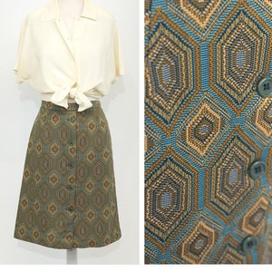 Vintage 1970s Mini Skirt // Geometric Tapestry Button Front Stretch Double Knit Polyester A Line Skirt by Queen Casuals Size 9/10
