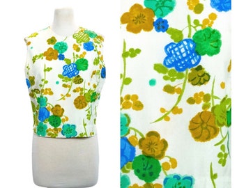 Vintage 1960s Floral Print Blouse // Blue and Green Silk Sleeveless Zip Up Summer Top by I. Magnin