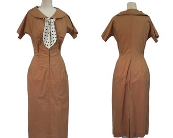 Vintage 1950s Day Dress // Brown Cotton Zip Front Short Sleeve Peter Pan Collar Military Style Sheath Wiggle Dress by Helen Whiting