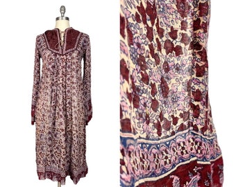 Vintage 1970s Indian Cotton Dress // Lightweight Floral Long Sleeve Hippie Boho Midi Summer Day Dress Size Small