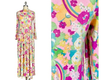 Vintage 1960s Psychedelic Print Maxi Dress // Long Sleeve Rainbow Floral Hippie Festival Dress by Plaza 9