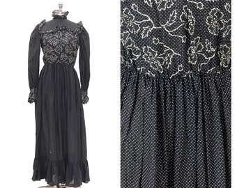Vintage 1970s Lightweight Cotton Maxi Dress // Black Floral Polka Dot Long Sleeve Victorian Style Ruffle Prairie Dress