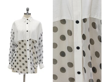 Vintage 1980er Jahre Oversized Bluse // Weißes schiere Polka Dot Langarm Shirt von Judy Knapp Größe Medium