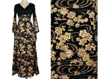 Vintage 1970s Hostess Dress // Glitter Metallic Floral Print Bell Sleeve Hippie Boho Flocked Velvet Party Dress