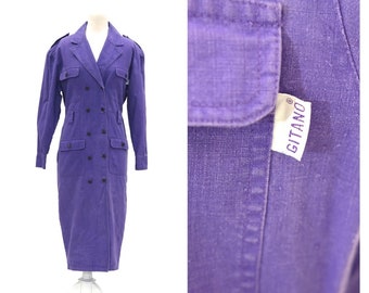 Vintage 1980er Jahre Overall Stil Kleid / / Lila Canvas Zweireiher Langarm Elastische Taille Blazer Kleid von Gitano Größe S
