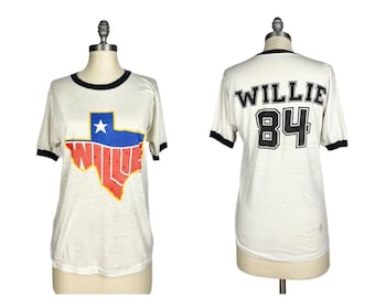 Vintage 1980s Willie Nelson Tour T-shirt // White Single Stitch Texas Concert Ringer Tee