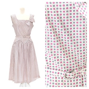 Vintage 1950s Party Dress // Pink and Gray Polka Dot Rhinestone Square Neck Fit and Flare Midi Dress Size 14