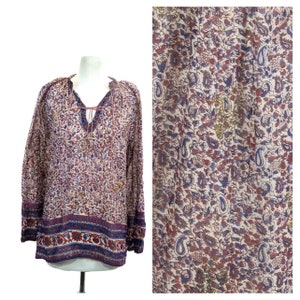 Vintage 1970s Hippie Festival Top // Long Sleeve Floral Print India Cotton Pullover Blouse Size Large