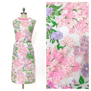 Vintage 1960s Floral Print Shift Dress // Pink and Purple Cotton Sleeveless Belted Knee Length Summer Day Dress
