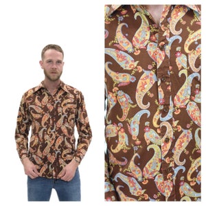 Vintage 1960s Mens Button Down // Large Brown Paisley Orange Floral Print Long Sleeve Dress Shirt by Van Heusen Size Medium