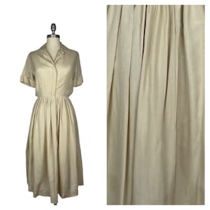 Vintage 1950s Day Dress // Beige Silk Fit and Flare Zip Up Short Sleeve Full Skirt Button Cuff Housewife Dress