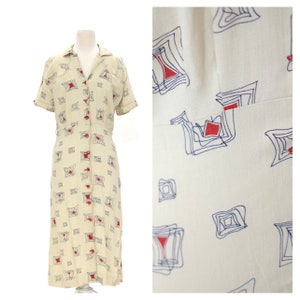 Vintage 1940s Atomic Print Day Dress // Ivory Linen Scalloped Edge Button Front Short Sleeve Column Dress by Slimaker