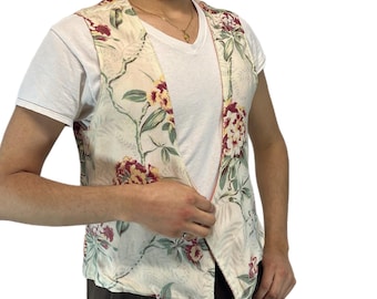Vintage 1970s Mens Reversible Vest // Beige and Pink Floral Sleeveless Open Front Waistcoat