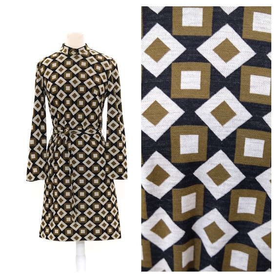 Vintage 1970s Geometric Day Dress // Brown Square… - image 1