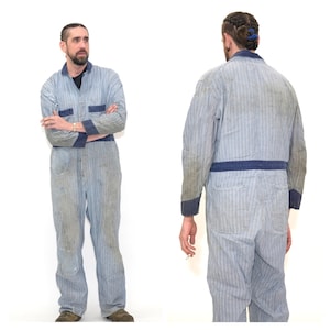 Vintage 1950s Coveralls // Distressed Blue Herringbone Cotton Denim Mens Workwear Thrashed Fashion Size 46