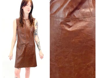 Vintage 1970s Vegan Leather Scooter Dress // Brown Vinyl Fabric Sleeveless A-Line Drop Waist Zip Front Day Dress by Russ Size 10