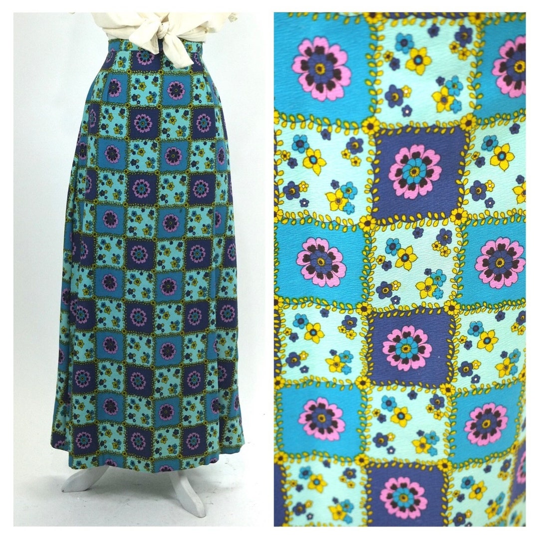 60’s Bright Velvet Floral Hippie A-Line Maxi Skirt main image 0