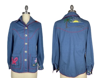 Vintage 1970s Embroidered Chore Jacket // Womens Chambray Button Up Long Sleeve Kitschy Blouse