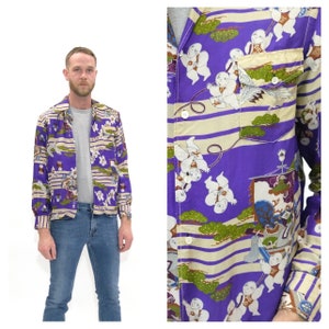 Vintage 1970s Silk Asian Print Button Down // Manga larga masculina Japanese Novelty Print Dress Shirt