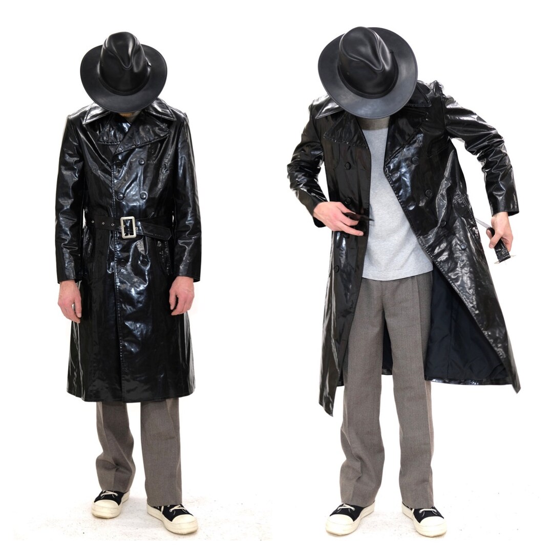 Vintage 1970s Mens Trench Coat // Black Vegan Leather Double