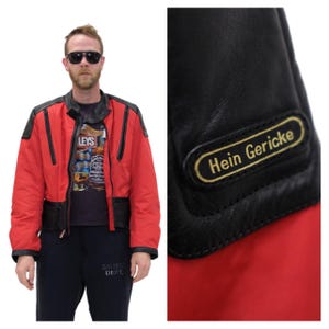 Vintage 1980s Mens Motorcycle Jacket // Heavy Duty Red Nylon and Black Leather Zip Up Riding Jacket by Hein Gericke Size Large