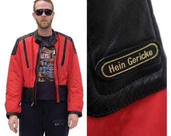 Vintage 1980s Mens Motorcycle Jacket // Heavy Duty Red Nylon and Black Leather Zip Up Riding Jacket by Hein Gericke Size Large