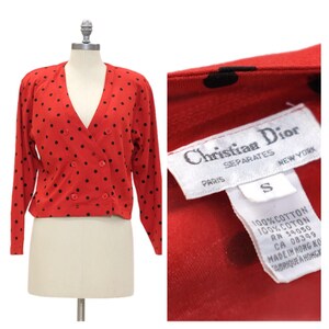 Vintage 1980s Black Polka Dot Cardigan // Red Cotton Longsleeve Double Breasted Button Up Top by Christian Dior Size Small