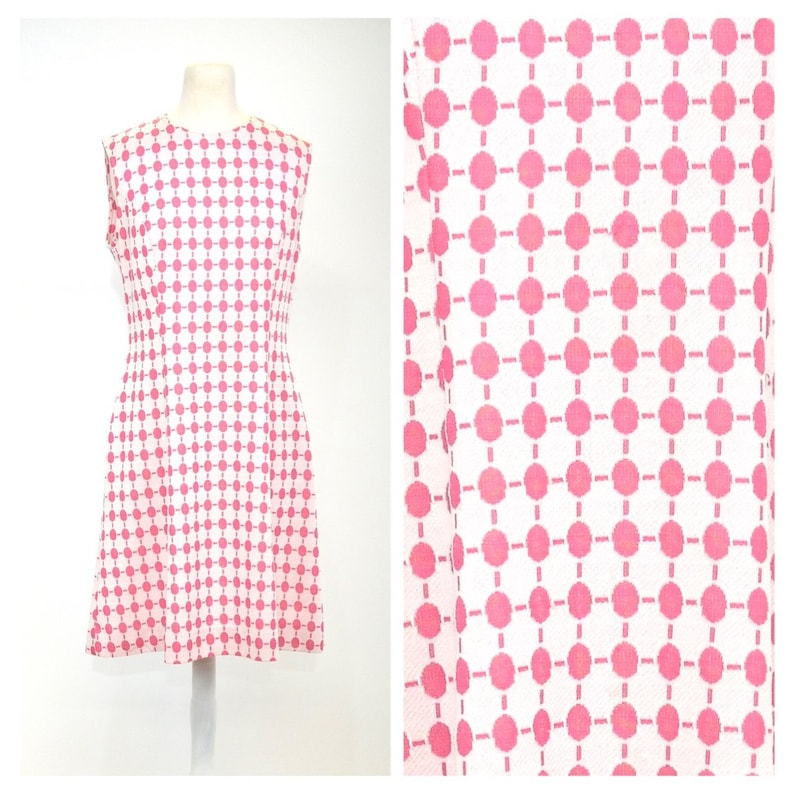 May include: A sleeveless pink and white dress with a geometric pattern. The dress has a fitted bodice and a flared skirt.