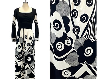 Vintage 1970s Hostess Dress // Black and White Abstract Floral Print Long Sleeve Maxi Dress by Cirette