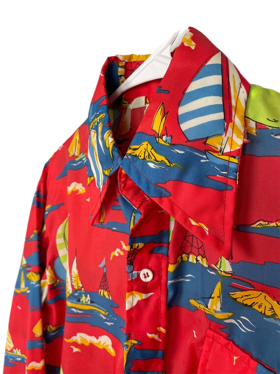 Vintage 1970s Mens Sailboat Button Down // Red No… - image 3