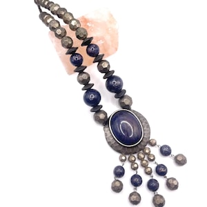 Vintage 1970s Beaded Statement Necklace // Silver and Purple Designer Pendant Jewelry by Carol Dauplaise