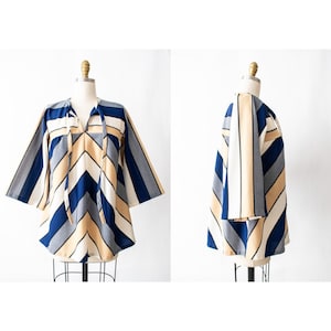 Vintage 1970s Peasant Blouse // Blue Chevron Stripe Bell Sleeve Tie Neck Pullover Shirt // Womens Boho Hippie Top