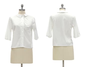 Vintage 1960s Womens Schoolgirl Blouse // White Lightweight Peter Pan Collar Button Up Uniform Shirt by Sears Size 32