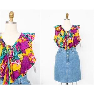 Vintage 1990s Deadstock Blouse // Indian Gauze Cotton Sleeveless Floral Ruffle Shirt by Gitano