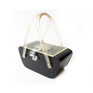 Vintage 1950s Lucite Box Purse // Black Plastic Clear Lid Swing Handle Novelty Pinup Handbag