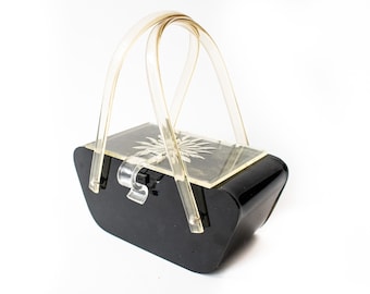 Vintage 1950s Lucite Box Purse // Black Plastic Clear Lid Swing Handle Novelty Pinup Handbag