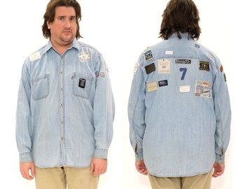 Vintage 1990s Denim Shirt // Blue Cotton Brand Logo Applique Patch Retro Throwback Battle Jacket by Levi's Size Large