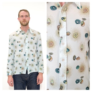 Vintage 1970s Mens Novelty Print Button Down // Light Blue Seashell Long Sleeve Shirt by Gimbels