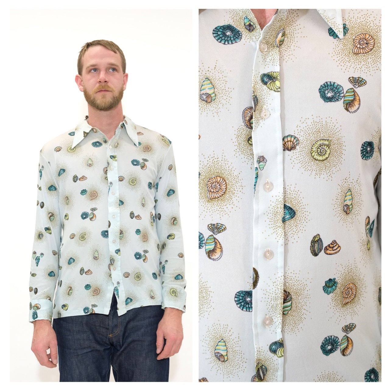 Vintage 1970s Mens Novelty Print Button Down // Light Blue Etsy