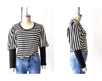 Vintage 1970s Black and White Striped Sweater // French Terry Pullover Long Sleeve Stretch Top Jumper
